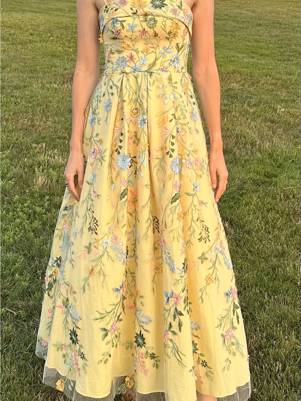 Azazie Evangeline ankle length Yellow Floral Embroidered dress